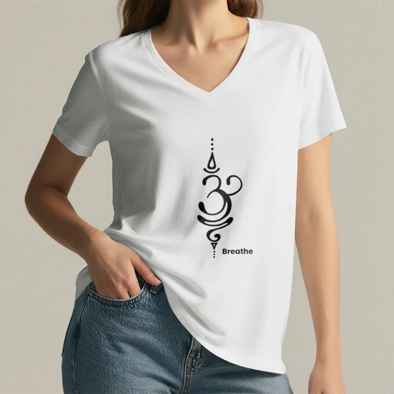Olivenorma Breathe Symbol Damen Kurzarm V-Ausschnitt Yoga Meditation T-Shirt