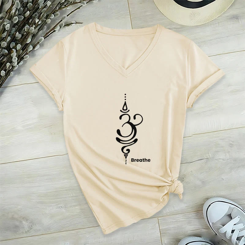 Olivenorma Breathe Symbol Damen Kurzarm V-Ausschnitt Yoga Meditation T-Shirt