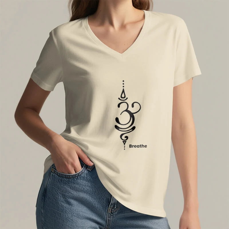 Olivenorma Breathe Symbol Damen Kurzarm V-Ausschnitt Yoga Meditation T-Shirt