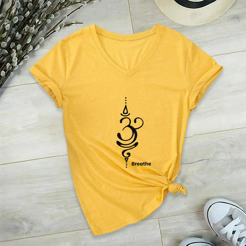 Olivenorma Breathe Symbol Damen Kurzarm V-Ausschnitt Yoga Meditation T-Shirt