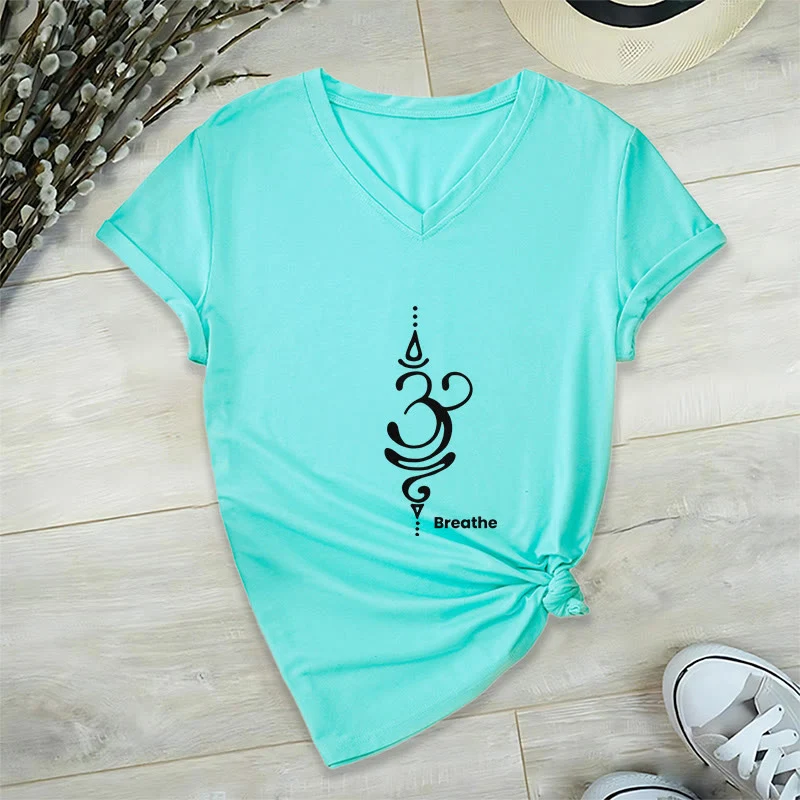 Olivenorma Breathe Symbol Damen Kurzarm V-Ausschnitt Yoga Meditation T-Shirt