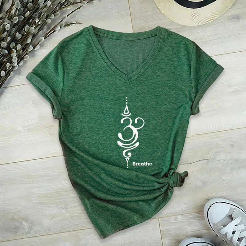 Olivenorma Breathe Symbol Damen Kurzarm V-Ausschnitt Yoga Meditation T-Shirt
