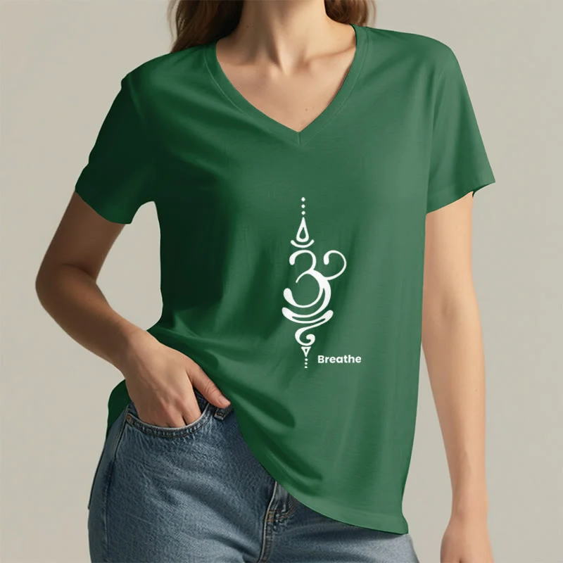 Olivenorma Breathe Symbol Damen Kurzarm V-Ausschnitt Yoga Meditation T-Shirt