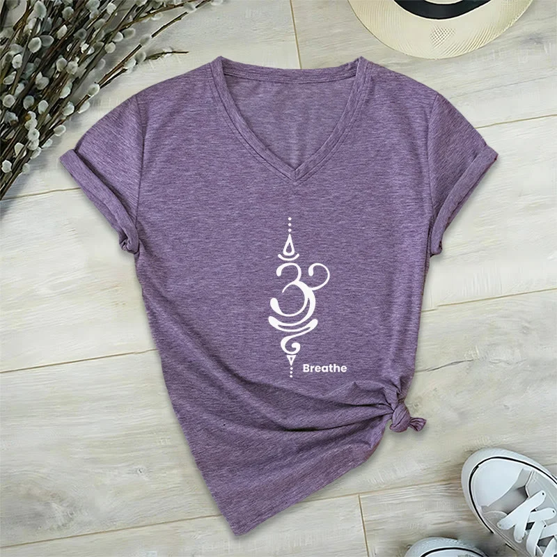 Olivenorma Breathe Symbol Damen Kurzarm V-Ausschnitt Yoga Meditation T-Shirt