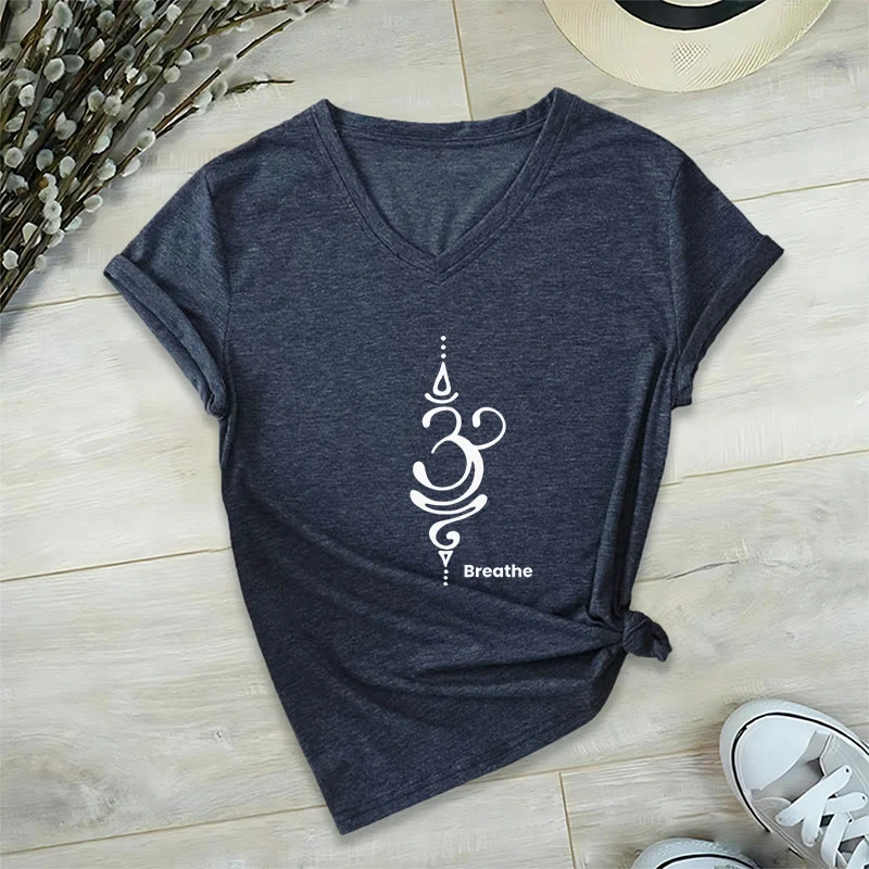 Olivenorma Breathe Symbol Damen Kurzarm V-Ausschnitt Yoga Meditation T-Shirt