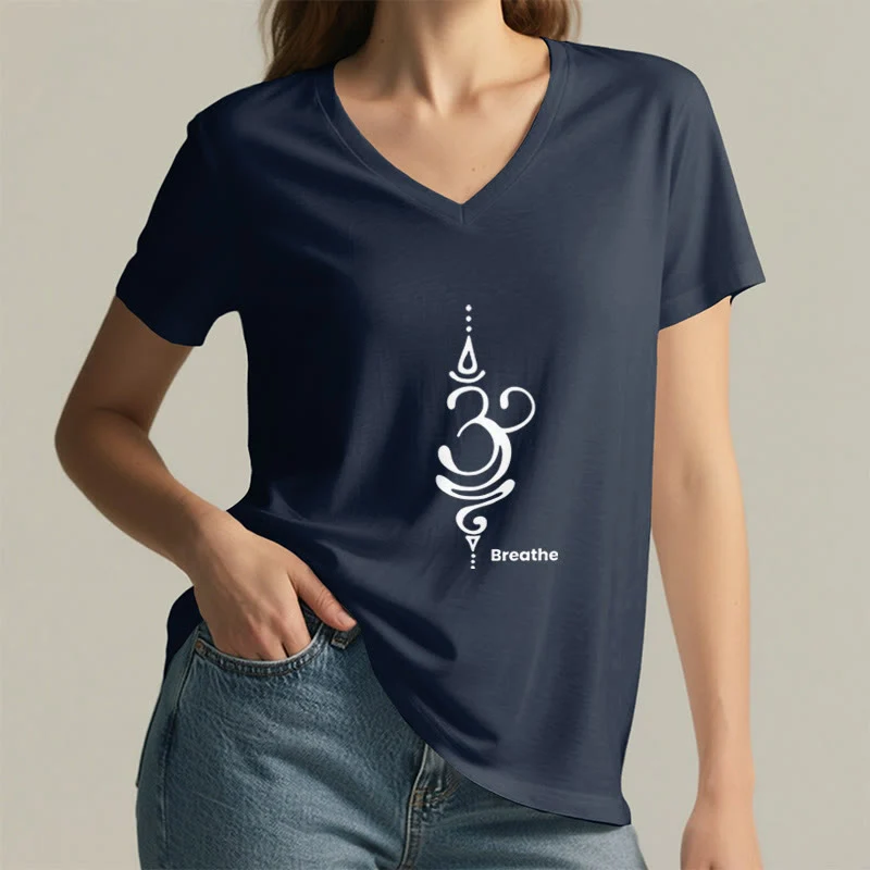 Olivenorma Breathe Symbol Damen Kurzarm V-Ausschnitt Yoga Meditation T-Shirt