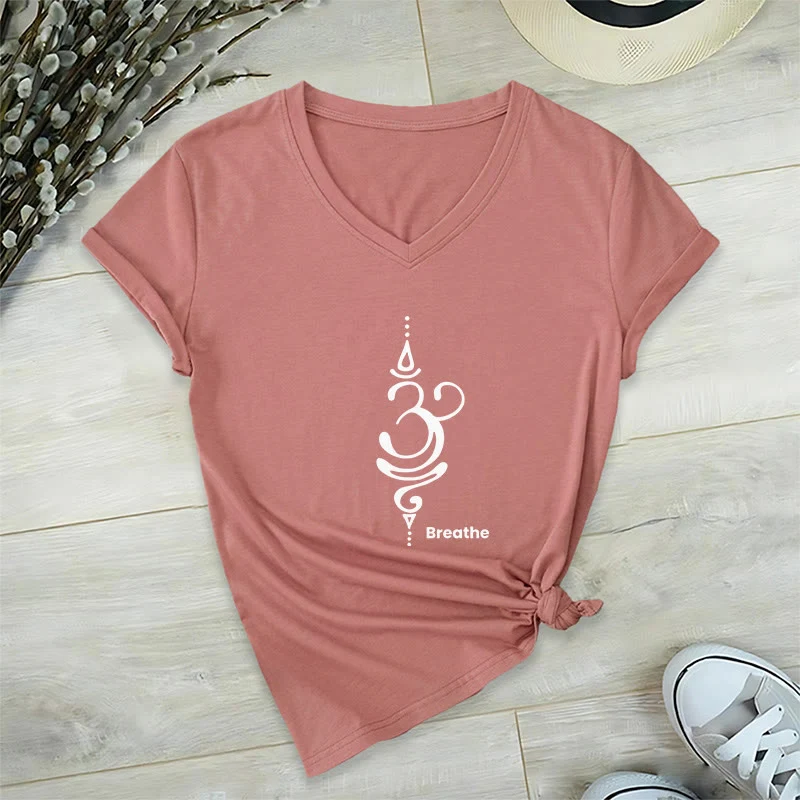 Olivenorma Breathe Symbol Damen Kurzarm V-Ausschnitt Yoga Meditation T-Shirt