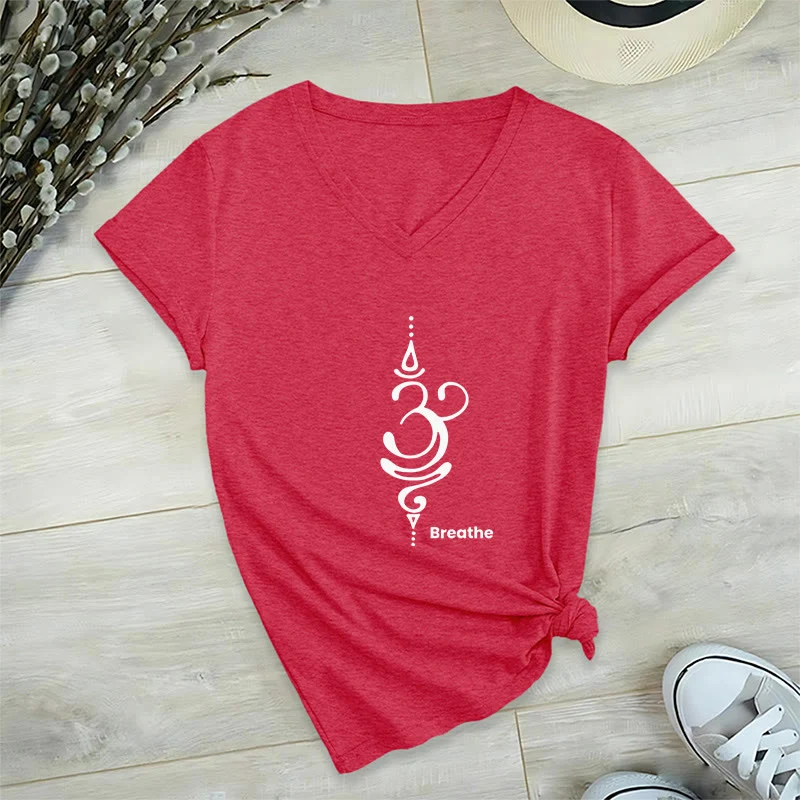 Olivenorma Breathe Symbol Damen Kurzarm V-Ausschnitt Yoga Meditation T-Shirt