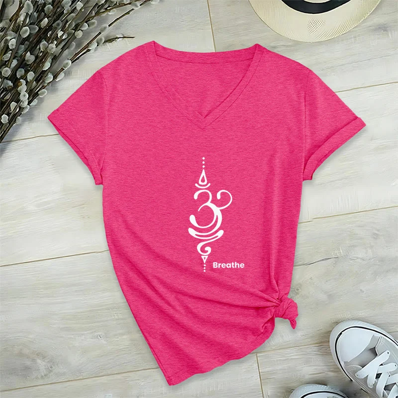 Olivenorma Breathe Symbol Damen Kurzarm V-Ausschnitt Yoga Meditation T-Shirt