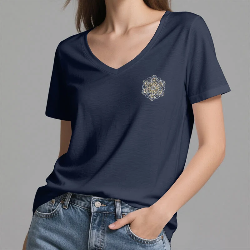 Olivenorma Metatrons Würfel, doppelseitig bedrucktes geometrisches T-Shirt mit V-Ausschnitt