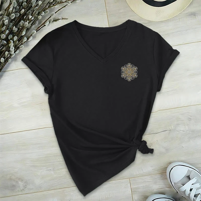 Olivenorma Metatrons Würfel, doppelseitig bedrucktes geometrisches T-Shirt mit V-Ausschnitt