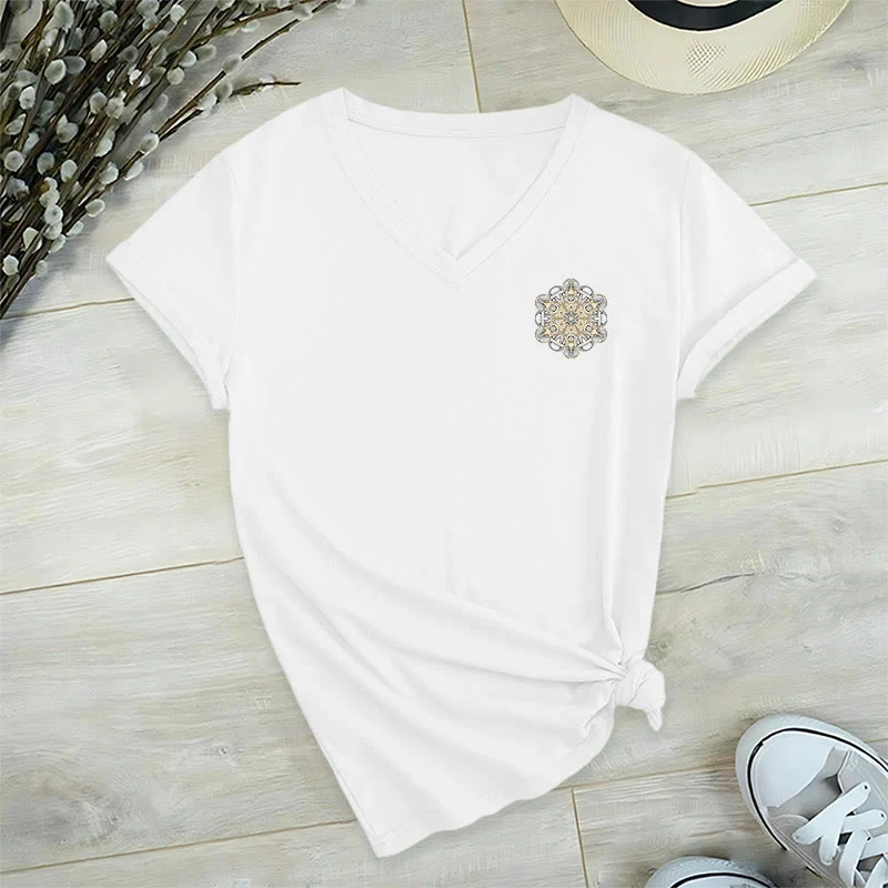 Olivenorma Metatrons Würfel, doppelseitig bedrucktes geometrisches T-Shirt mit V-Ausschnitt