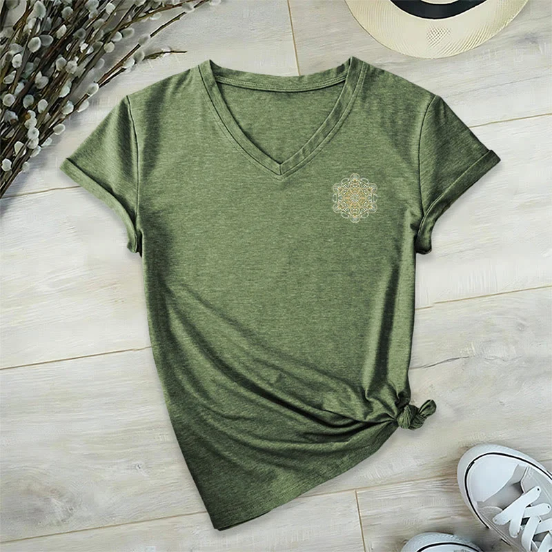Olivenorma Metatrons Würfel, doppelseitig bedrucktes geometrisches T-Shirt mit V-Ausschnitt