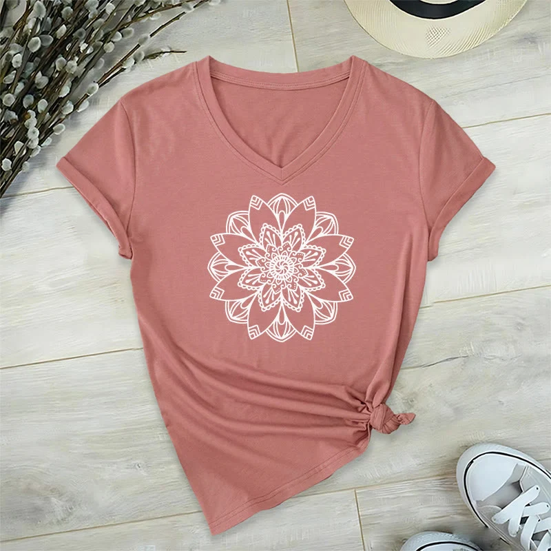 Olivenorma Mandala Floral Tee V-Ausschnitt Regular Fit Lotus Spirituelles T-Shirt