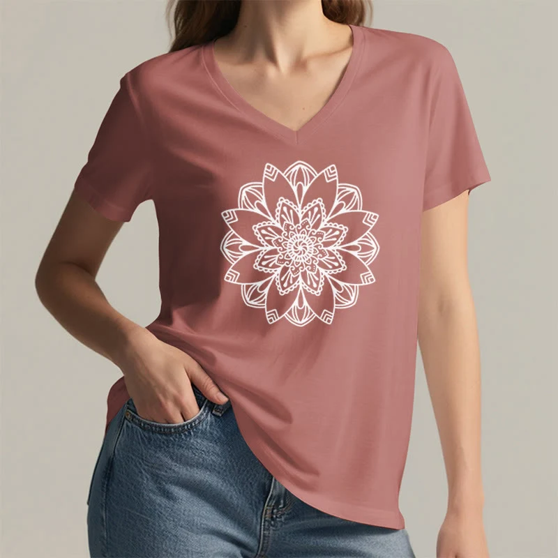 Olivenorma Mandala Floral Tee V-Ausschnitt Regular Fit Lotus Spirituelles T-Shirt