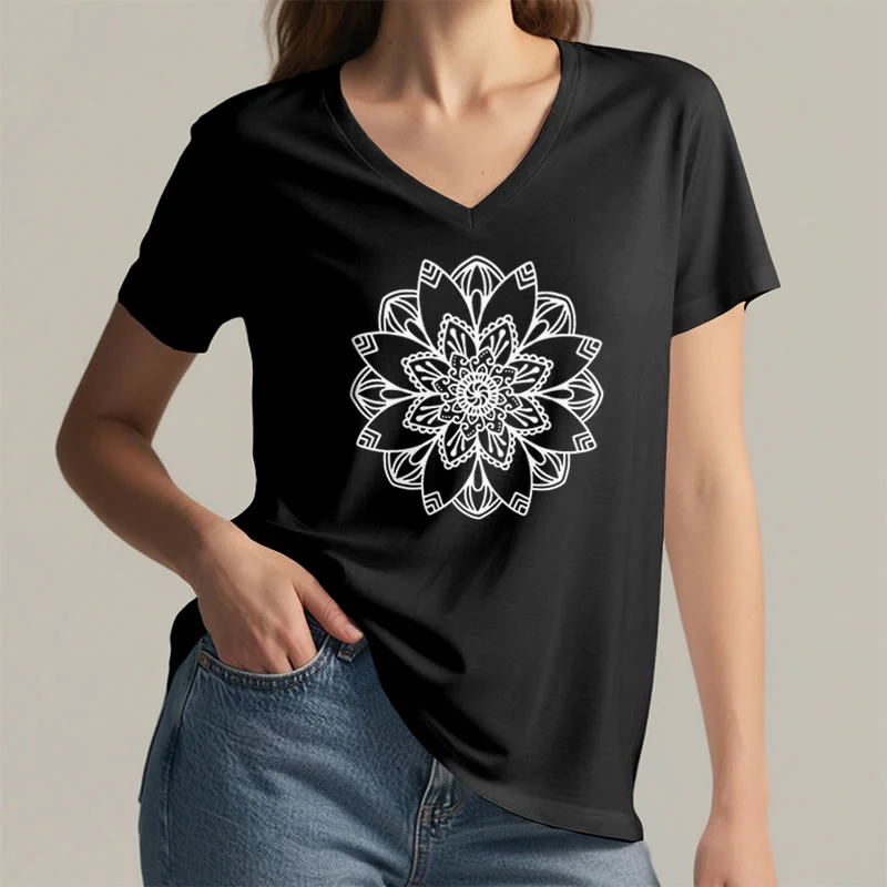 Olivenorma Mandala Floral Tee V-Ausschnitt Regular Fit Lotus Spirituelles T-Shirt
