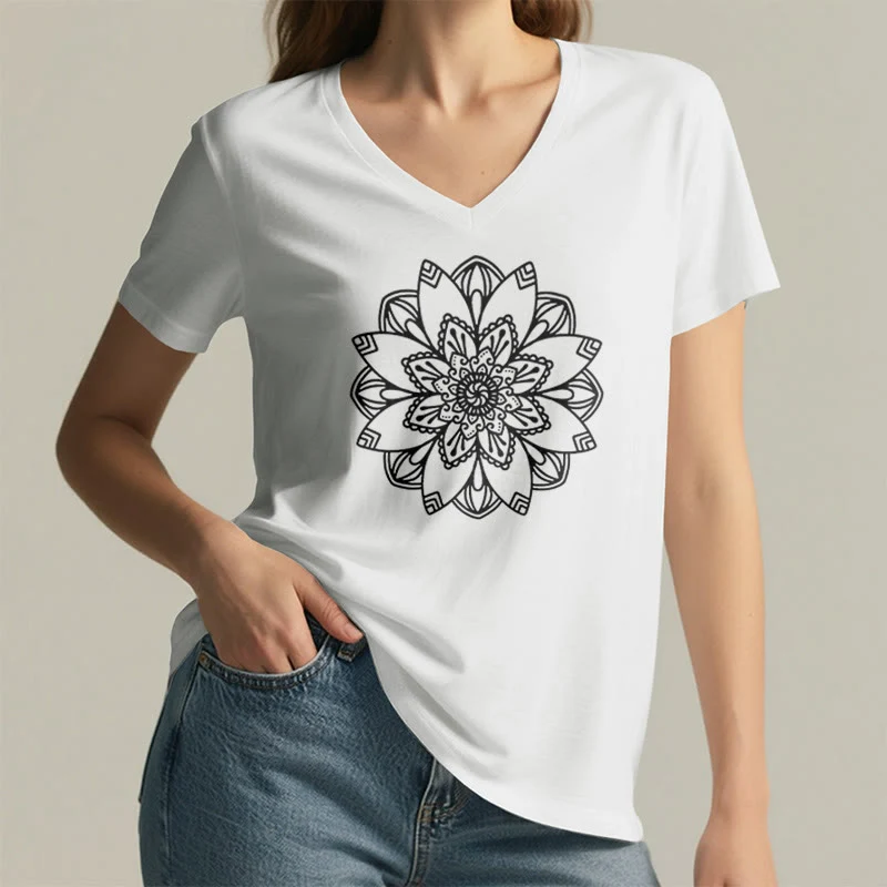 Olivenorma Mandala Floral Tee V-Ausschnitt Regular Fit Lotus Spirituelles T-Shirt