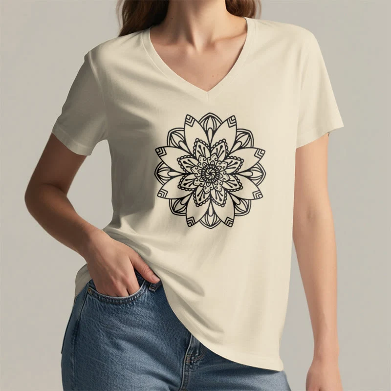 Olivenorma Mandala Floral Tee V-Ausschnitt Regular Fit Lotus Spirituelles T-Shirt