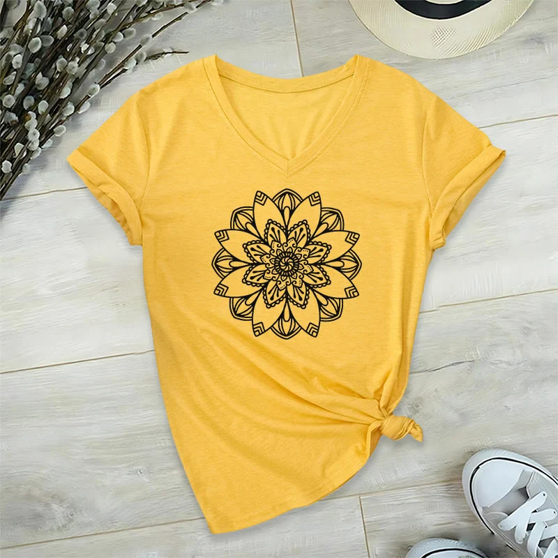 Olivenorma Mandala Floral Tee V-Ausschnitt Regular Fit Lotus Spirituelles T-Shirt