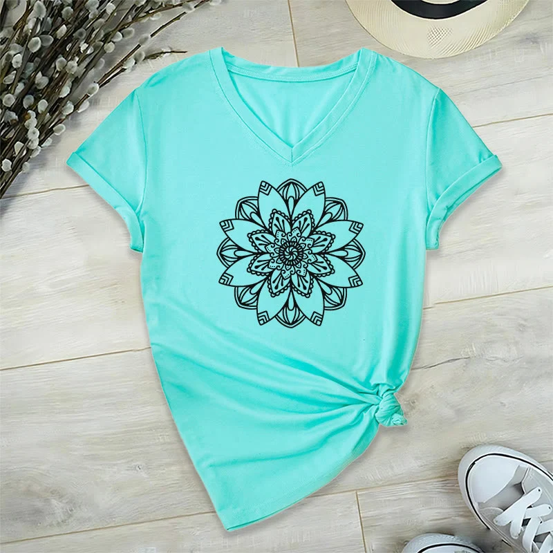 Olivenorma Mandala Floral Tee V-Ausschnitt Regular Fit Lotus Spirituelles T-Shirt