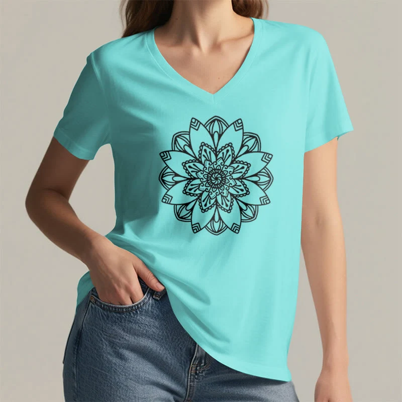 Olivenorma Mandala Floral Tee V-Ausschnitt Regular Fit Lotus Spirituelles T-Shirt
