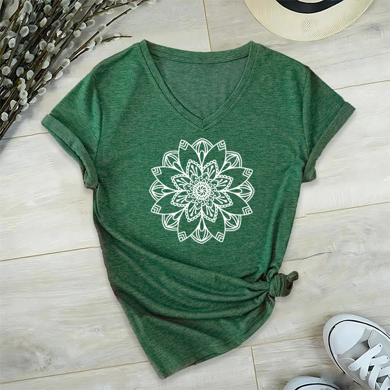 Olivenorma Mandala Floral Tee V-Ausschnitt Regular Fit Lotus Spirituelles T-Shirt