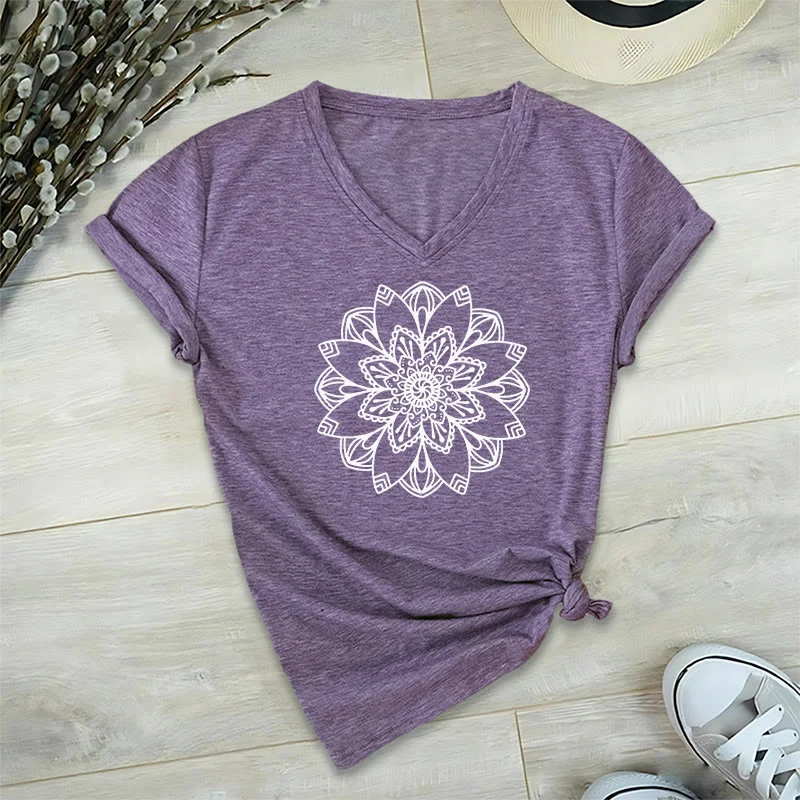 Olivenorma Mandala Floral Tee V-Ausschnitt Regular Fit Lotus Spirituelles T-Shirt