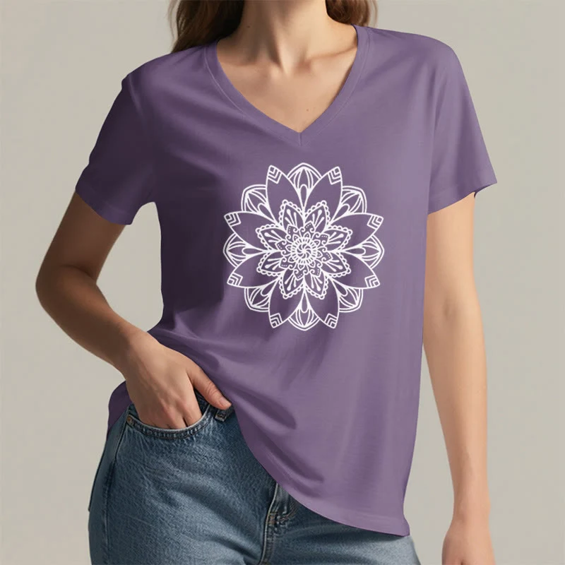 Olivenorma Mandala Floral Tee V-Ausschnitt Regular Fit Lotus Spirituelles T-Shirt