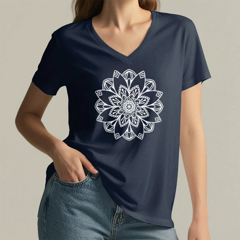 Olivenorma Mandala Floral Tee V-Ausschnitt Regular Fit Lotus Spirituelles T-Shirt