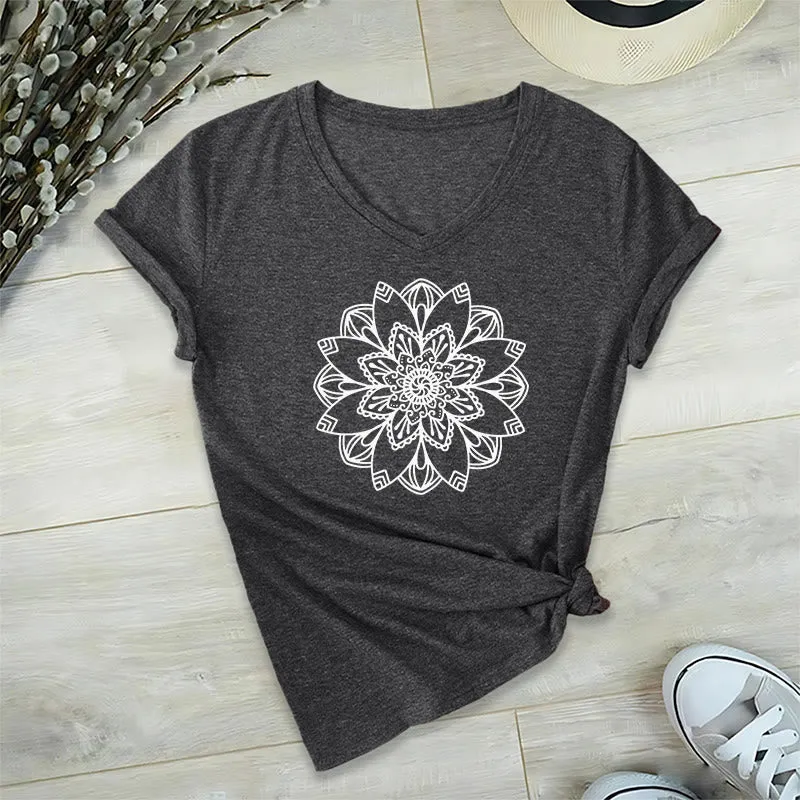 Olivenorma Mandala Floral Tee V-Ausschnitt Regular Fit Lotus Spirituelles T-Shirt