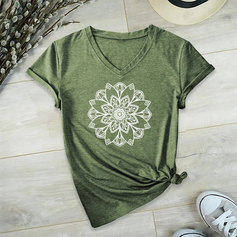 Olivenorma Mandala Floral Tee V-Ausschnitt Regular Fit Lotus Spirituelles T-Shirt