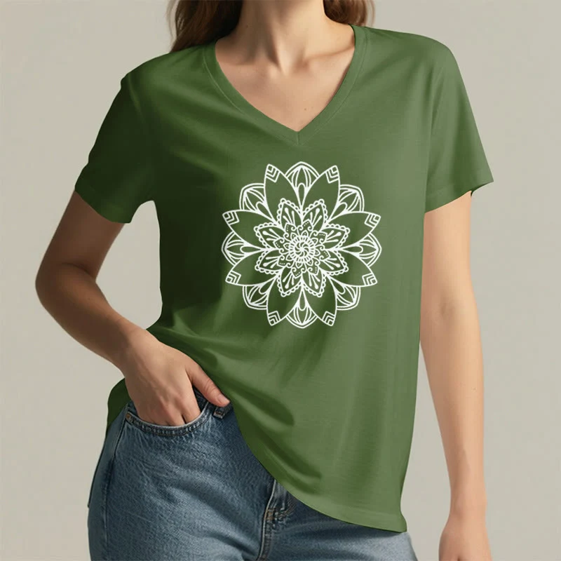 Olivenorma Mandala Floral Tee V-Ausschnitt Regular Fit Lotus Spirituelles T-Shirt