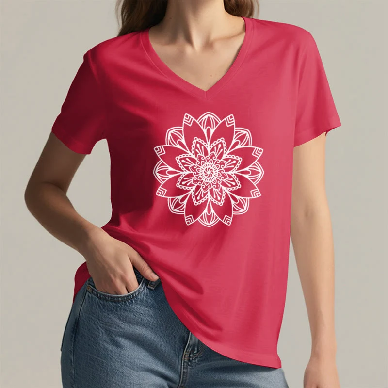 Olivenorma Mandala Floral Tee V-Ausschnitt Regular Fit Lotus Spirituelles T-Shirt