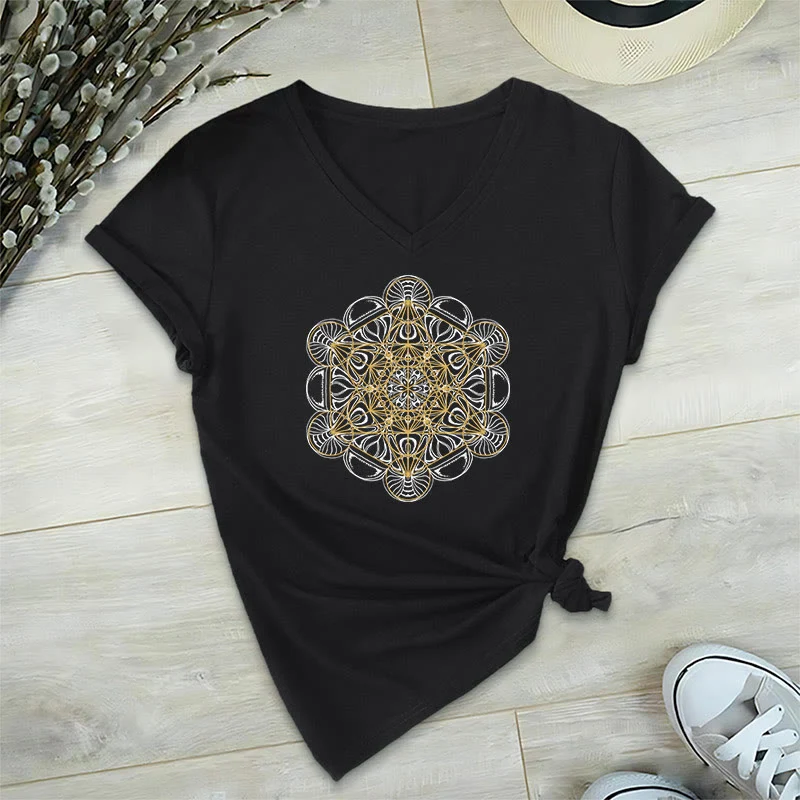 Olivenorma Soft Graphic Tee Metatrons Würfel V-Ausschnitt Spirituelle T-Shirts