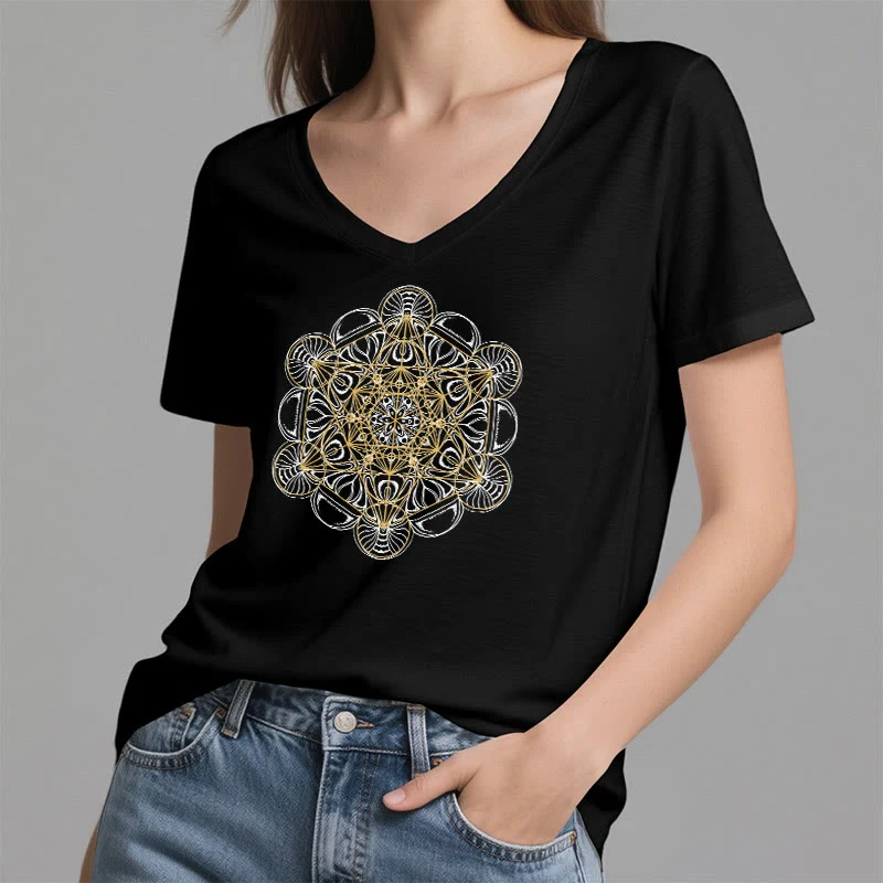 Olivenorma Soft Graphic Tee Metatrons Würfel V-Ausschnitt Spirituelle T-Shirts