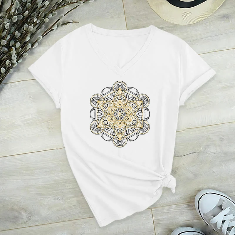 Olivenorma Soft Graphic Tee Metatrons Würfel V-Ausschnitt Spirituelle T-Shirts