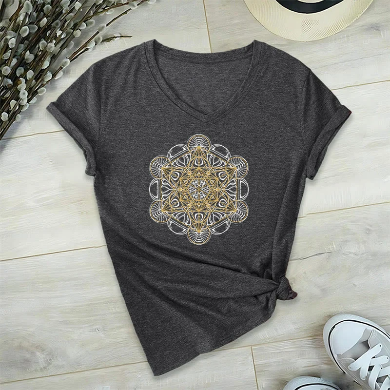 Olivenorma Soft Graphic Tee Metatrons Würfel V-Ausschnitt Spirituelle T-Shirts