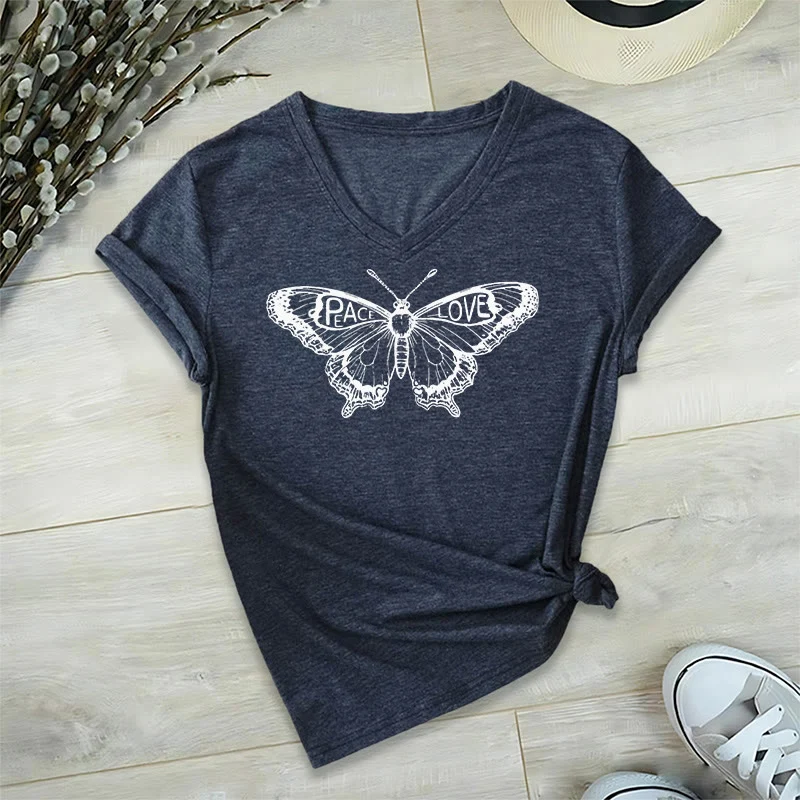 Olivenorma PEACE & LOVE Schmetterling Kurzarm-T-Shirt mit V-Ausschnitt