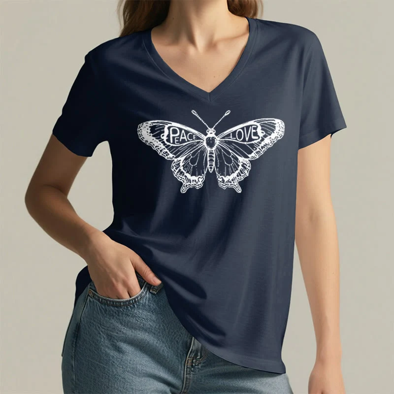 Olivenorma PEACE & LOVE Schmetterling Kurzarm-T-Shirt mit V-Ausschnitt