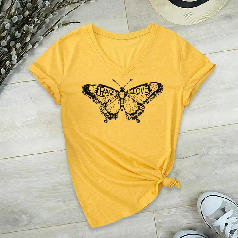 Olivenorma PEACE & LOVE Schmetterling Kurzarm-T-Shirt mit V-Ausschnitt