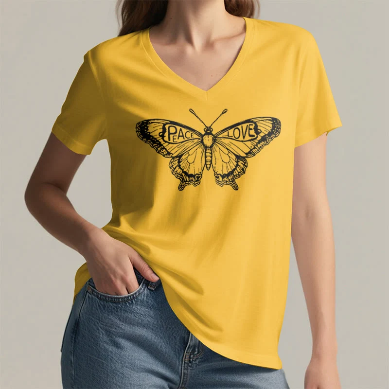 Olivenorma PEACE & LOVE Schmetterling Kurzarm-T-Shirt mit V-Ausschnitt