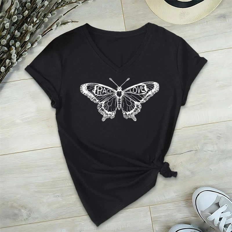 Olivenorma PEACE & LOVE Schmetterling Kurzarm-T-Shirt mit V-Ausschnitt