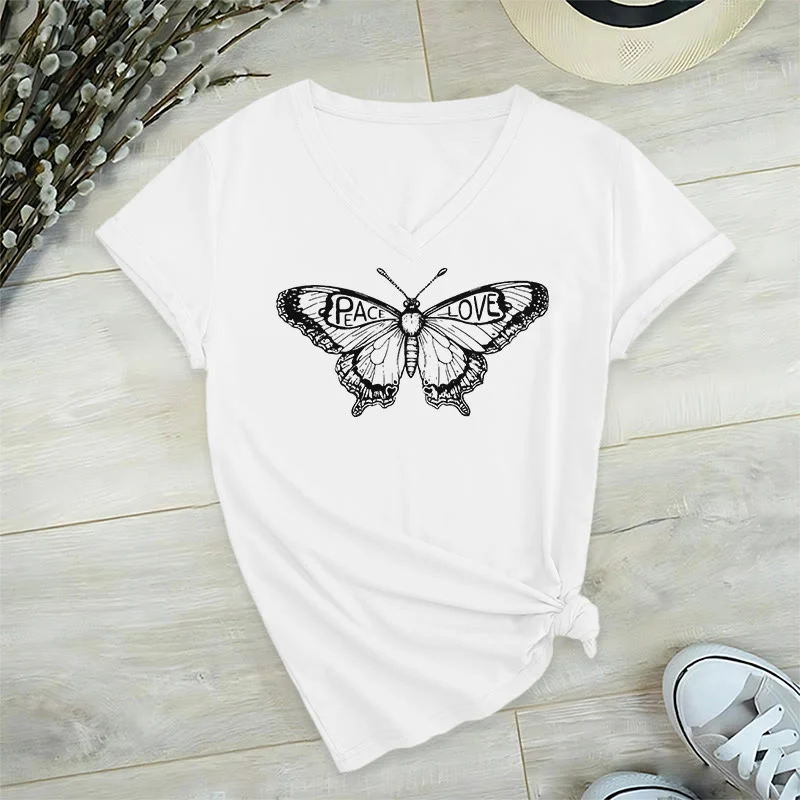 Olivenorma PEACE & LOVE Schmetterling Kurzarm-T-Shirt mit V-Ausschnitt