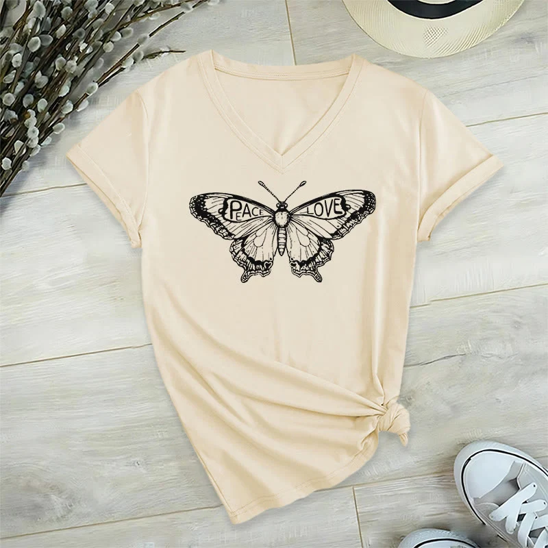 Olivenorma PEACE & LOVE Schmetterling Kurzarm-T-Shirt mit V-Ausschnitt
