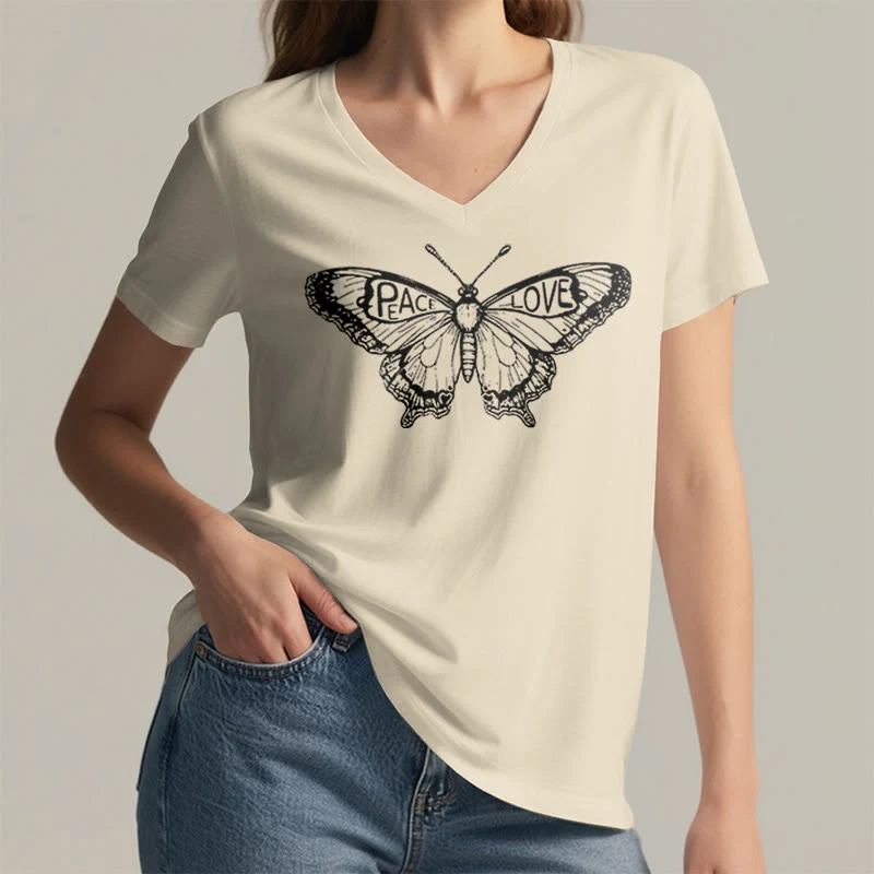 Olivenorma PEACE & LOVE Schmetterling Kurzarm-T-Shirt mit V-Ausschnitt