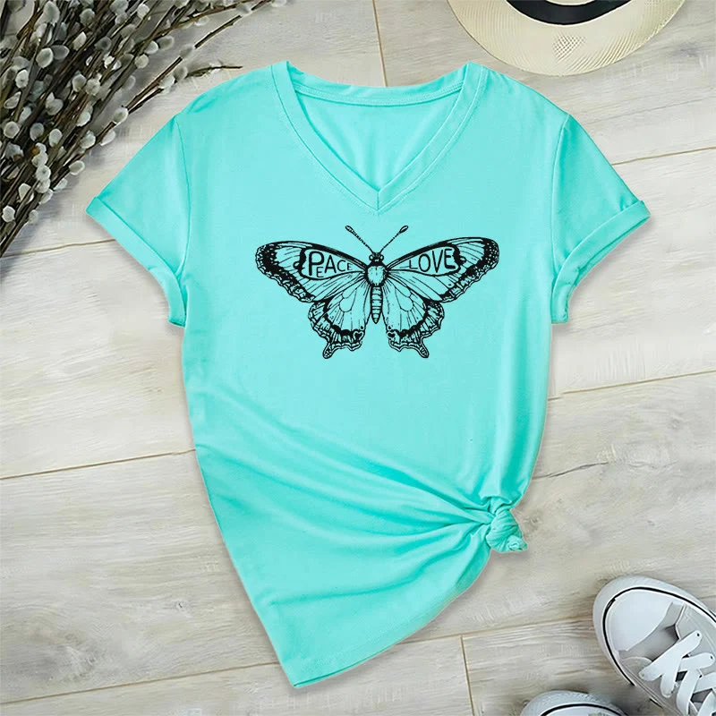 Olivenorma PEACE & LOVE Schmetterling Kurzarm-T-Shirt mit V-Ausschnitt