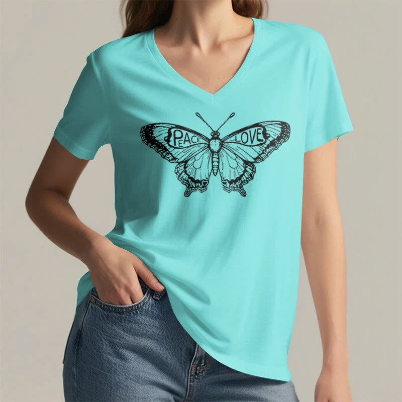 Olivenorma PEACE & LOVE Schmetterling Kurzarm-T-Shirt mit V-Ausschnitt