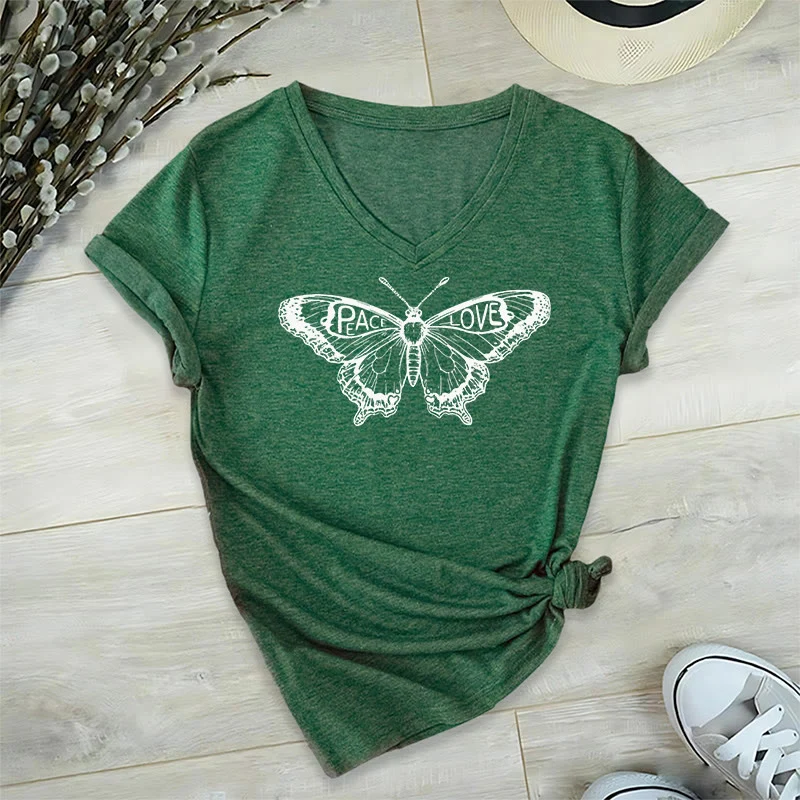 Olivenorma PEACE & LOVE Schmetterling Kurzarm-T-Shirt mit V-Ausschnitt