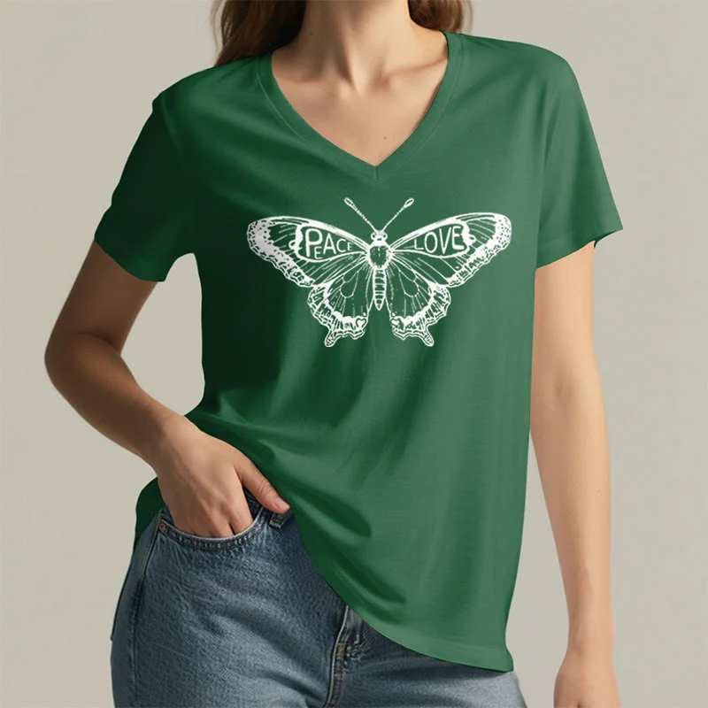 Olivenorma PEACE & LOVE Schmetterling Kurzarm-T-Shirt mit V-Ausschnitt