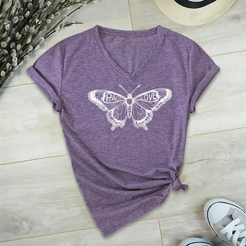 Olivenorma PEACE & LOVE Schmetterling Kurzarm-T-Shirt mit V-Ausschnitt